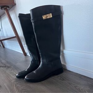 Tory Burch Black Knee-High Leather Boots with Gold Buckle Riding Boot